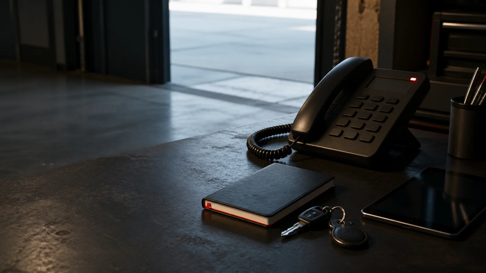 Symbolische Kontaktszene mit Telefon, Notizbuch, Fahrzeugschlüsseln und Werkstatteingang