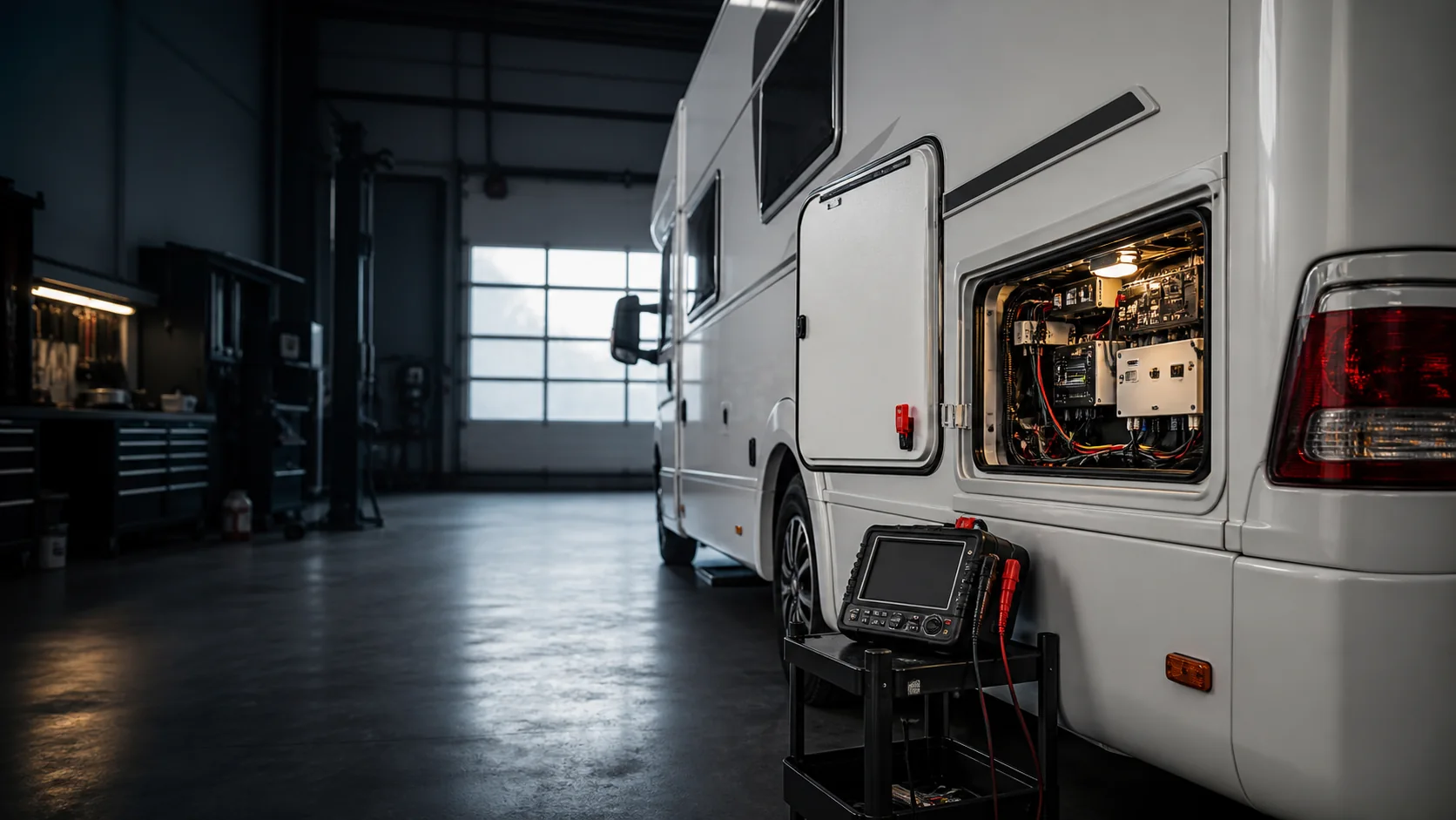 Symbolische Serviceszene mit geöffnetem Technikfach eines Wohnmobils und neutralem Diagnosegerät